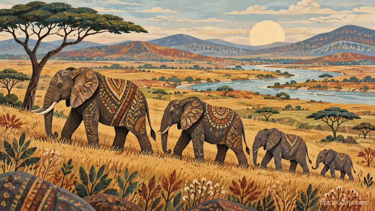 Elephant family crossing open grassland – decorative folk painting Samsung Frame TV art, 4K