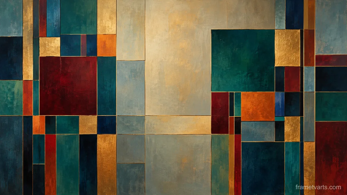 Interrupted grid of squares and narrow rectangles – jewel-tone geometric modernism Samsung Frame TV art, 4K