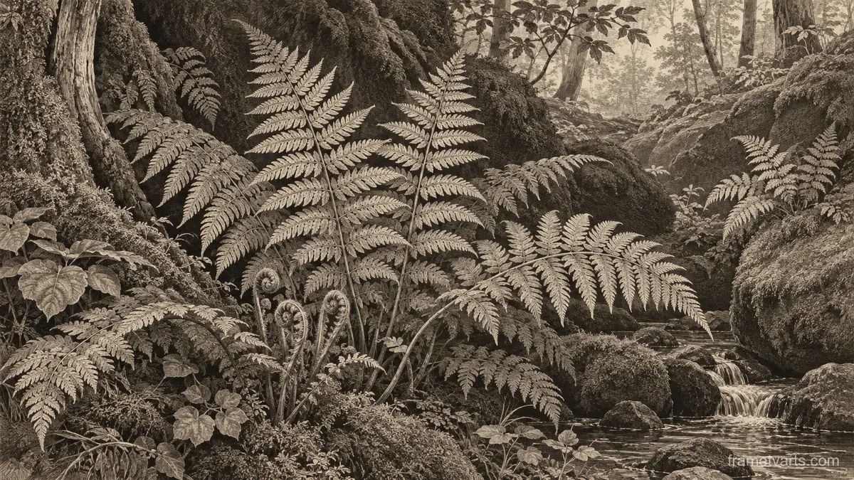 Fern fronds in a shaded woodland hollow – vintage-style botanical engraving without labels Samsung Frame TV art, 4K