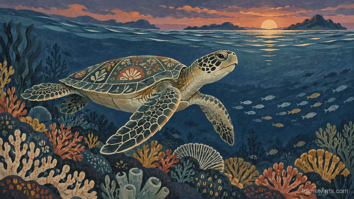 Sea turtle gliding above coral – decorative folk painting Samsung Frame TV art, 4K