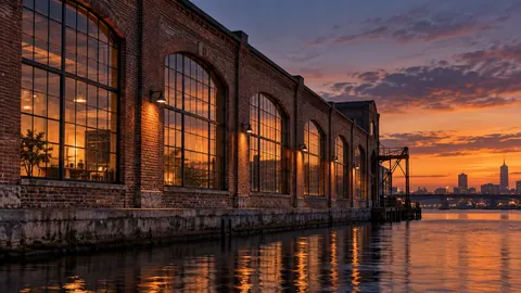 Brick warehouse windows in evening light – fine-art architectural photography Frame TV art