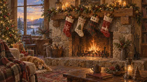 Christmas stockings above a stone hearth – traditional oil painting Frame TV art