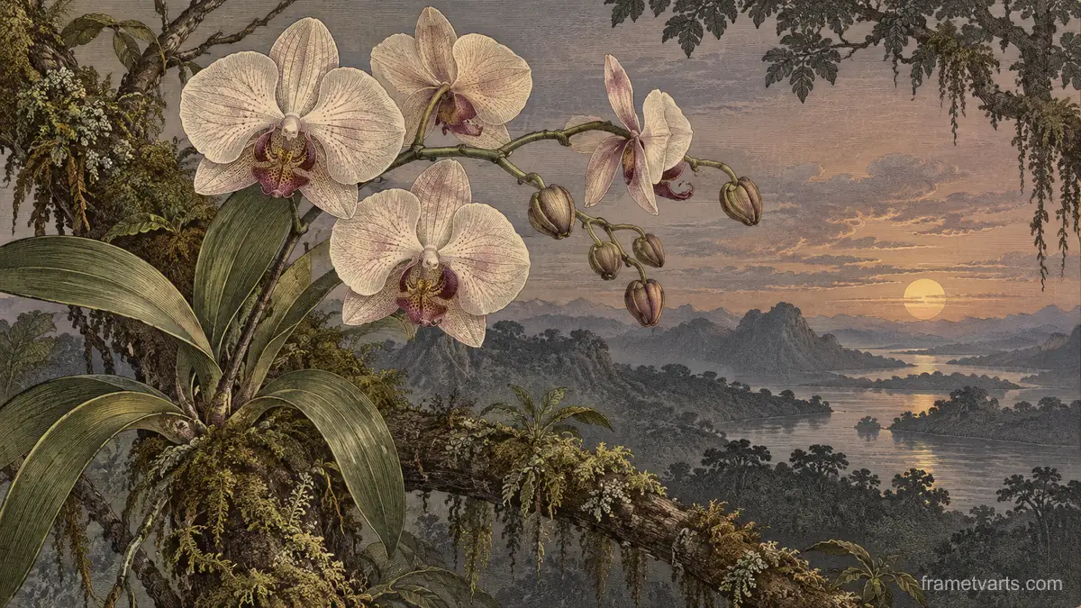 Orchid stems beside a mossy branch – vintage-style botanical engraving without labels Samsung Frame TV art, 4K