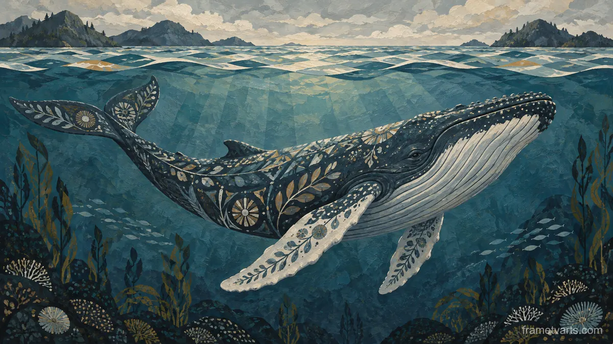 Humpback whale beneath a luminous sea surface – decorative folk painting Samsung Frame TV art, 4K