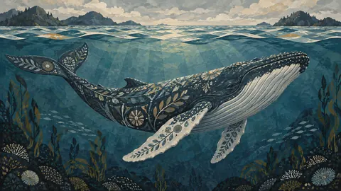 Humpback whale beneath a luminous sea surface – decorative folk painting Frame TV art
