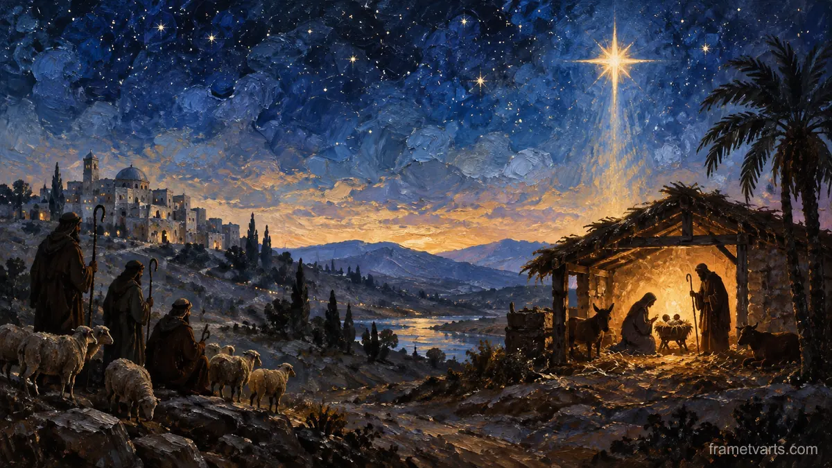 Nativity silhouette under a starry sky – traditional oil painting Samsung Frame TV art, 4K