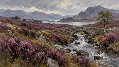 Heather moor and small stone footbridge – expressive palette-knife painting Frame TV art