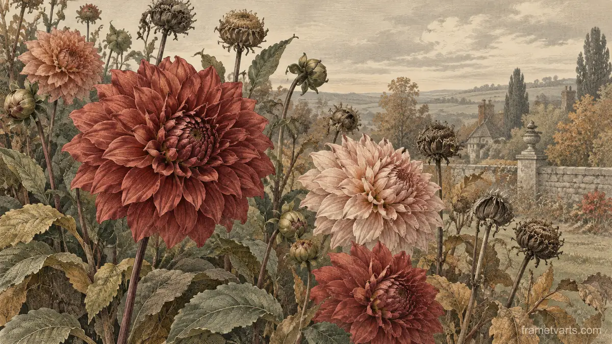 Dahlias and seed heads in autumn garden – vintage-style botanical engraving without labels Samsung Frame TV art, 4K