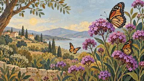 Butterflies around wild verbena – decorative folk painting Frame TV art