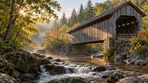Covered wooden bridge over woodland stream – fine-art architectural photography Frame TV art