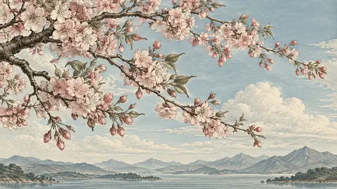 Cherry blossom branches across an open sky – vintage-style botanical engraving without labels Frame TV art
