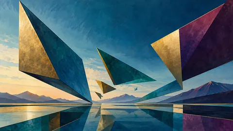Floating angular planes with spatial tension – jewel-tone geometric modernism Frame TV art