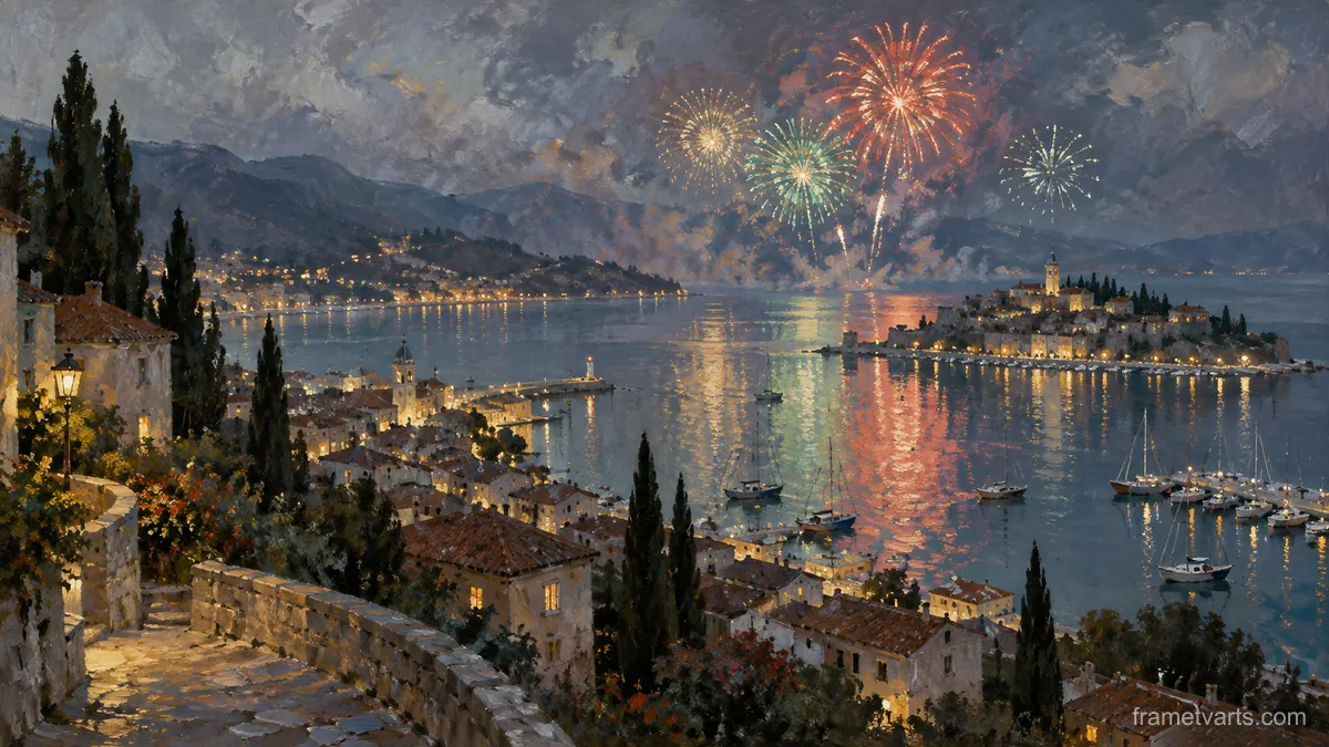 New Year fireworks reflected across a quiet harbor – traditional oil painting Samsung Frame TV art, 4K