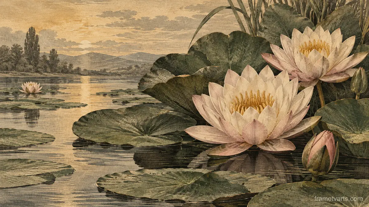 Water lilies floating among broad leaves – vintage-style botanical engraving without labels Samsung Frame TV art, 4K