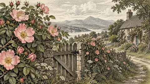 Wild roses around a cottage gate – vintage-style botanical engraving without labels Frame TV art