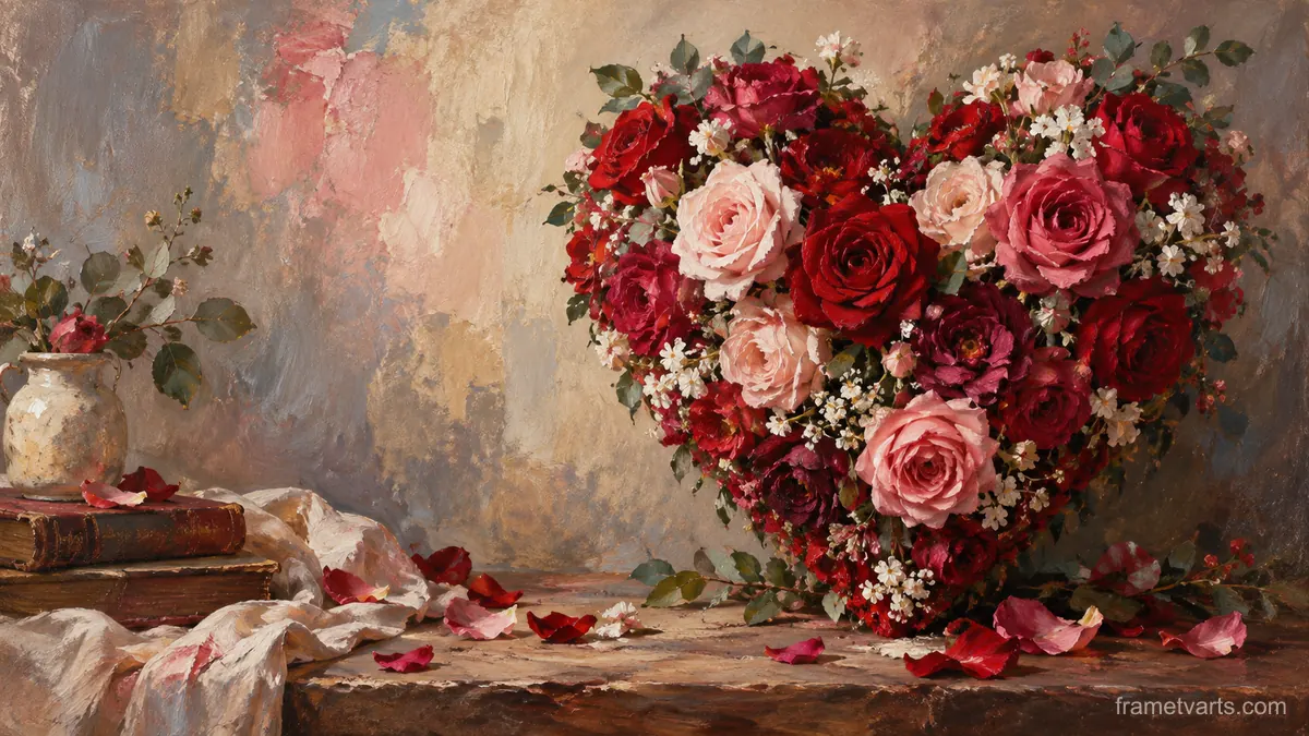 Valentine heart-shaped floral arrangement – traditional oil painting Samsung Frame TV art, 4K