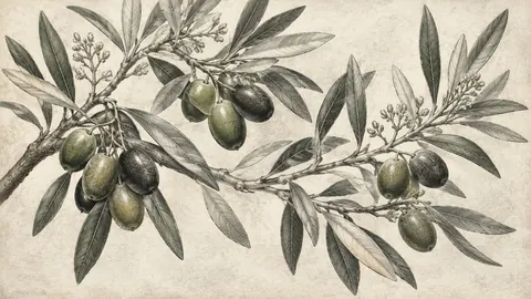 Olive branches and silver foliage – vintage-style botanical engraving without labels Frame TV art