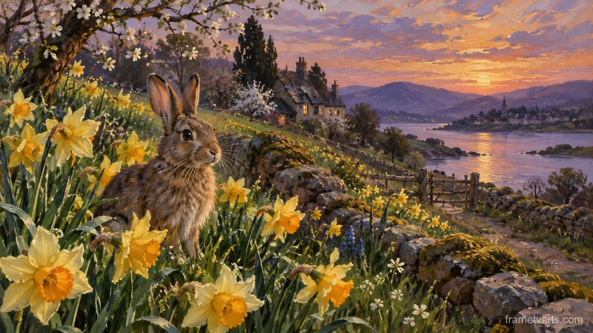 Easter rabbit among spring daffodils – traditional oil painting Samsung Frame TV art, 4K