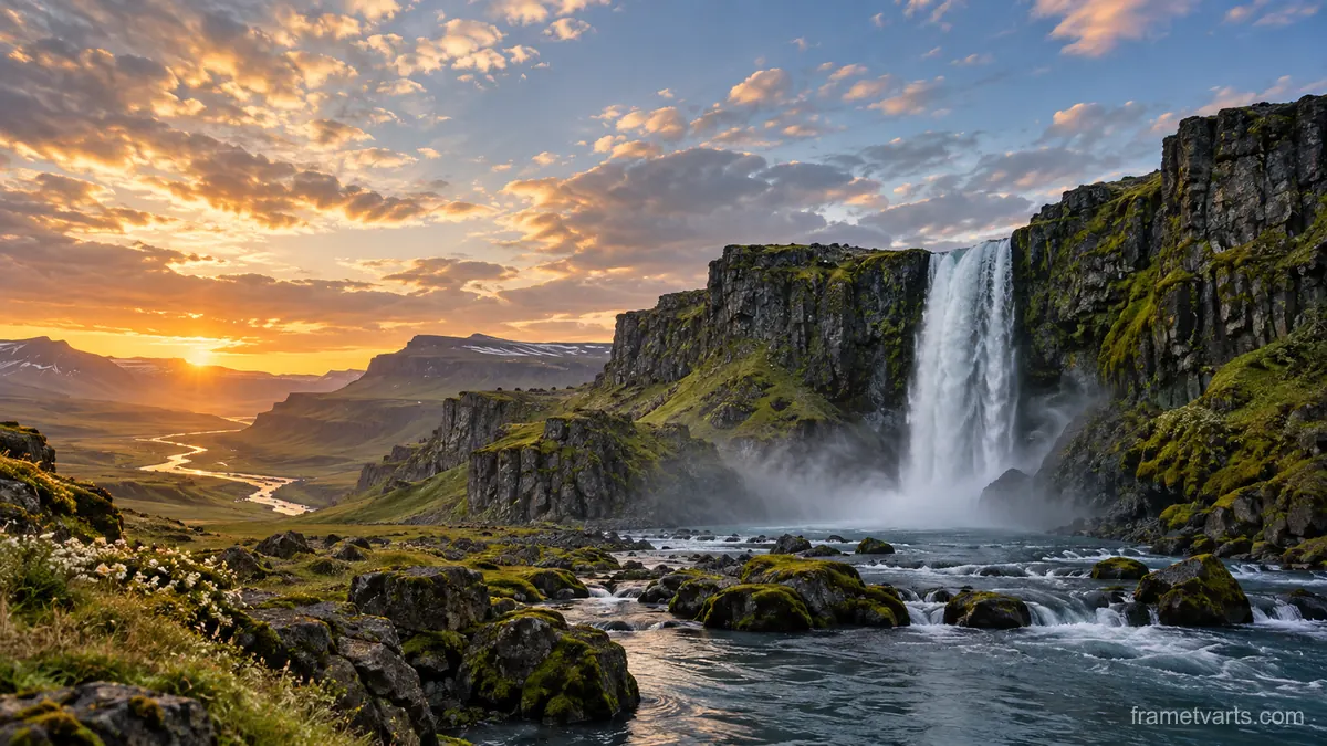 Waterfall between mossy basalt cliffs – fine-art natural photography Samsung Frame TV art, 4K