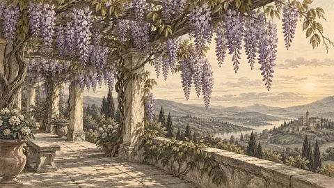 Wisteria cascading from a pergola – vintage-style botanical engraving without labels Frame TV art