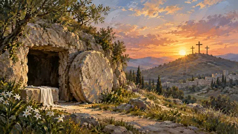 Easter sunrise over three distant simple crosses – traditional oil painting Frame TV art