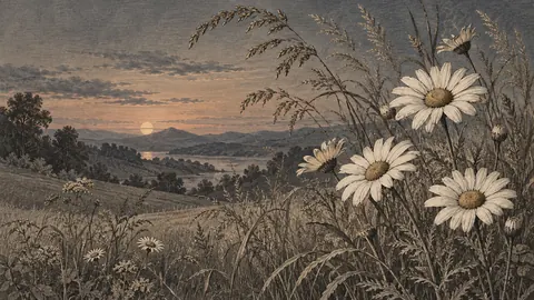 Meadow daisies and airy grasses – vintage-style botanical engraving without labels Frame TV art