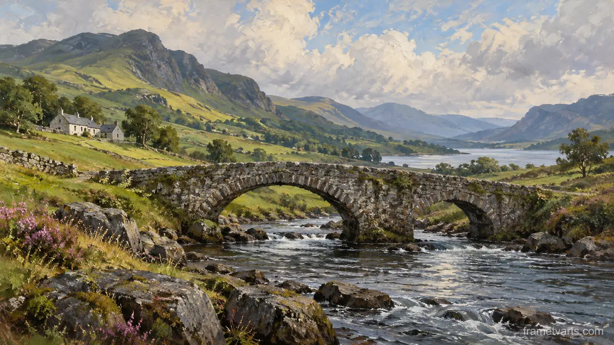 Irish green hills and an old stone bridge – traditional oil painting Samsung Frame TV art, 4K