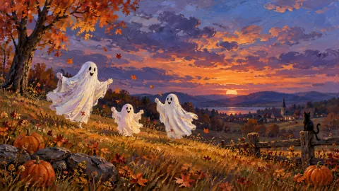 Halloween friendly ghosts in an autumn meadow – traditional oil painting Frame TV art