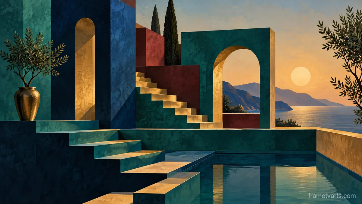 Terraced stepped forms with recessed shadows – jewel-tone geometric modernism Samsung Frame TV art, 4K