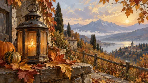 Halloween antique lantern and autumn leaves – traditional oil painting Frame TV art