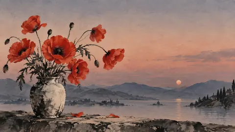 Scarlet poppies in a loose ceramic vase – minimal ink and wash Frame TV art