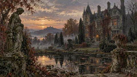 Halloween haunted manor in a misty garden – traditional oil painting Frame TV art