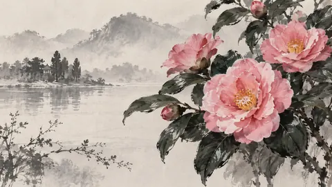 Pink camellias above glossy leaves – minimal ink and wash Frame TV art