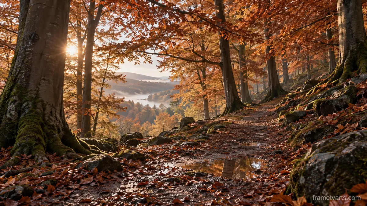 Wet woodland path among copper beeches – fine-art natural photography Samsung Frame TV art, 4K