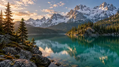 Emerald lake below snow peaks – fine-art natural photography Frame TV art