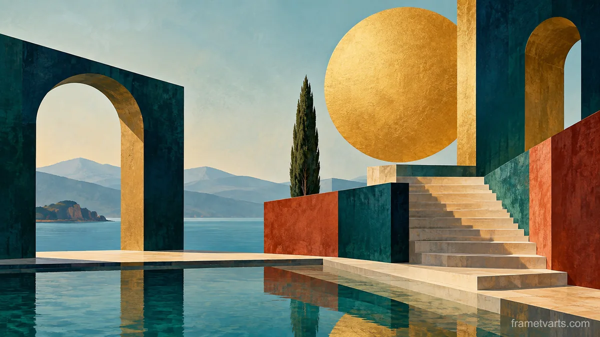 Sunlike disk above abstract architectural steps – jewel-tone geometric modernism Samsung Frame TV art, 4K