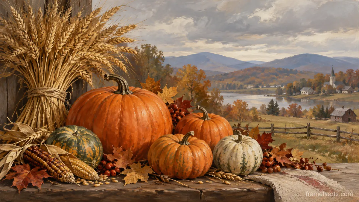 Thanksgiving pumpkin arrangement beside wheat – traditional oil painting Samsung Frame TV art, 4K