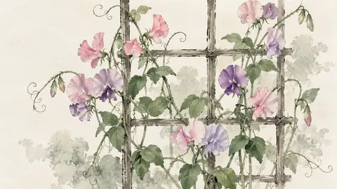 Delicate sweet peas climbing a trellis – minimal ink and wash Frame TV art