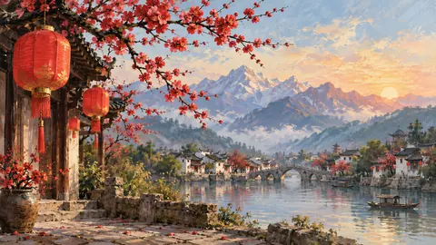 Lunar New Year red lanterns and plum blossoms – traditional oil painting Frame TV art