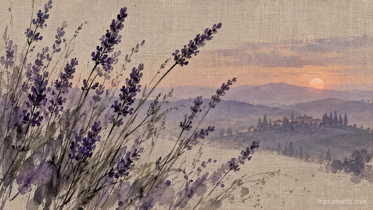 Lavender stems on textured linen – minimal ink and wash Samsung Frame TV art, 4K