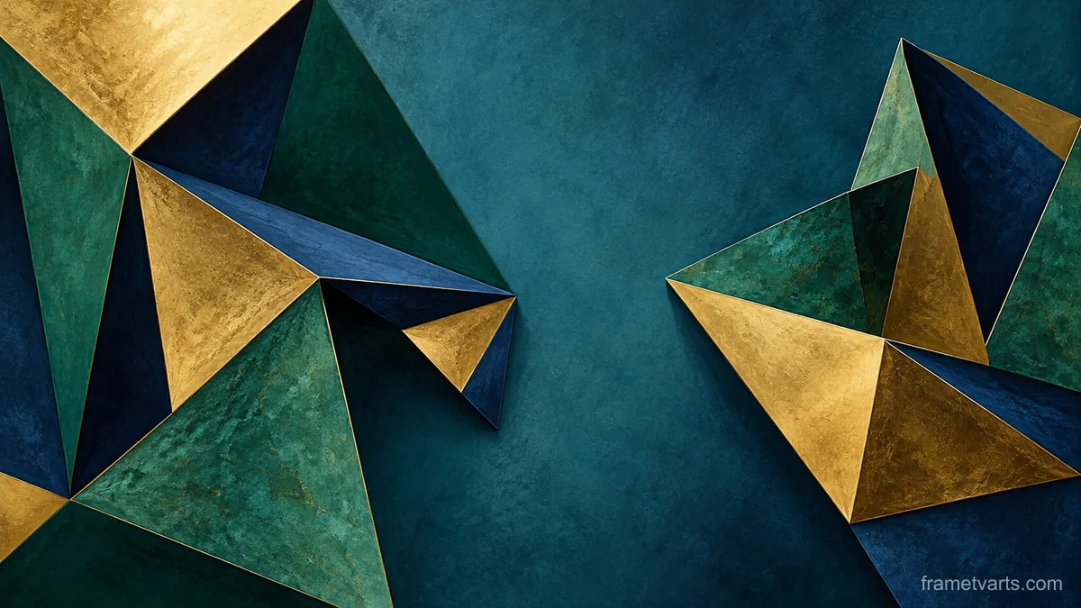 Sculptural folded planes viewed from above – jewel-tone geometric modernism Samsung Frame TV art, 4K