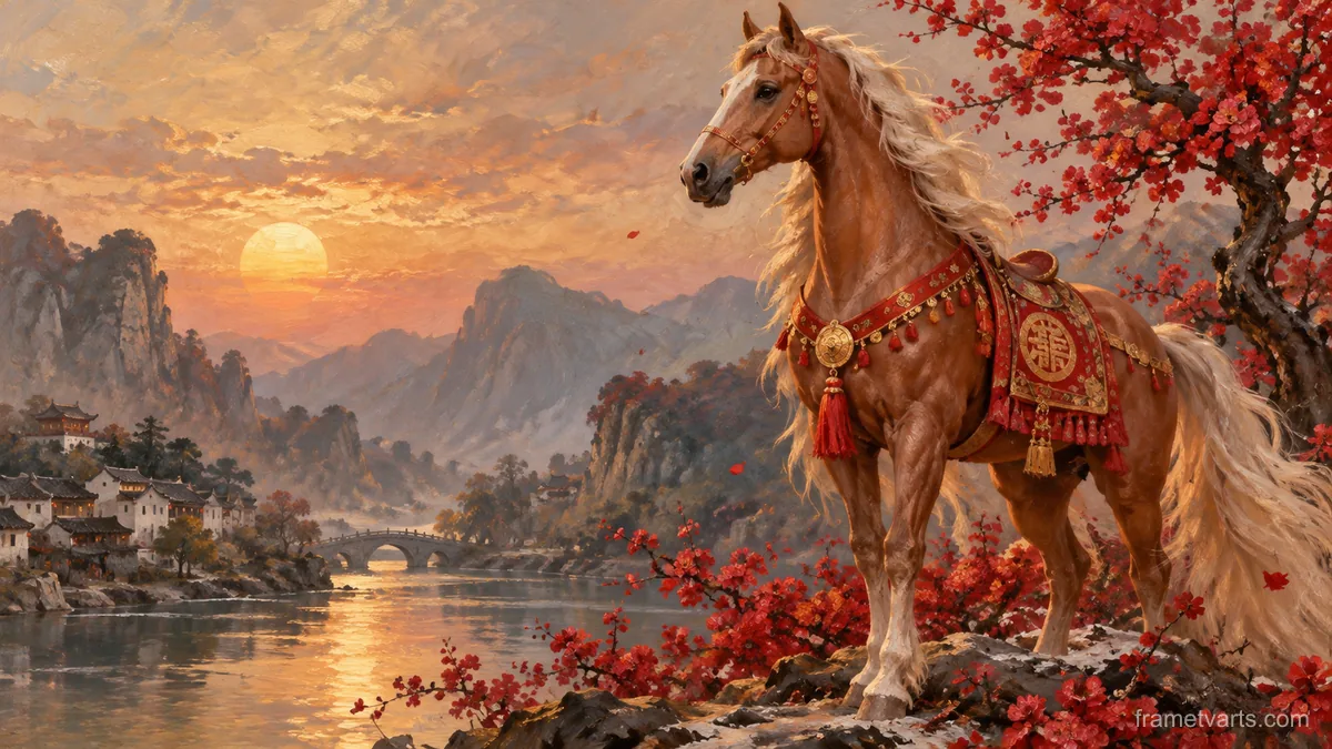 Lunar New Year decorative original zodiac horse – traditional oil painting Samsung Frame TV art, 4K