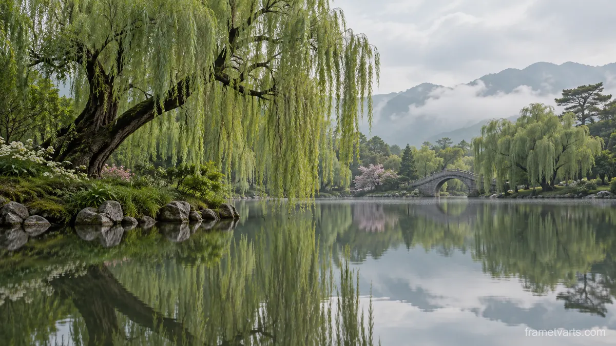 Willow trees reflected in a still pond – fine-art natural photography Samsung Frame TV art, 4K