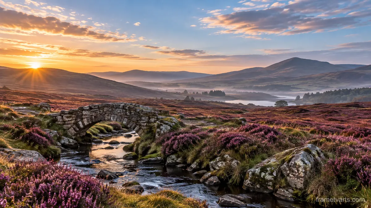 Heather moor and small stone footbridge – fine-art natural photography Samsung Frame TV art, 4K