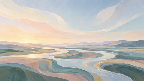 Flowing riverlike bands across open space – muted pastel organic abstraction Frame TV art