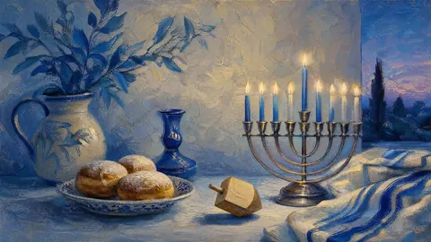Hanukkah blue-and-white still life with dreidel – traditional oil painting Frame TV art