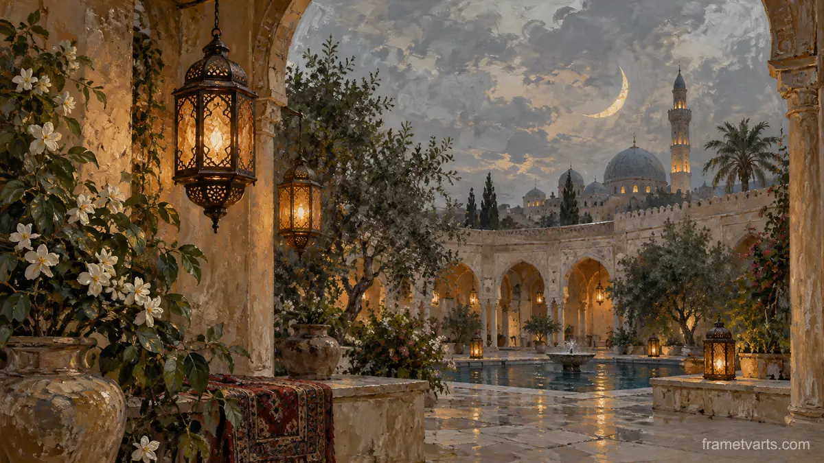 Ramadan lanterns and a crescent above a courtyard – traditional oil painting Samsung Frame TV art, 4K