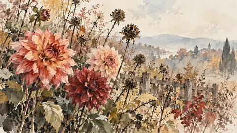 Dahlias and seed heads in autumn garden – minimal ink and wash Frame TV art