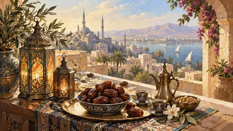 Eid dates and coffee beside decorative lanterns – traditional oil painting Frame TV art