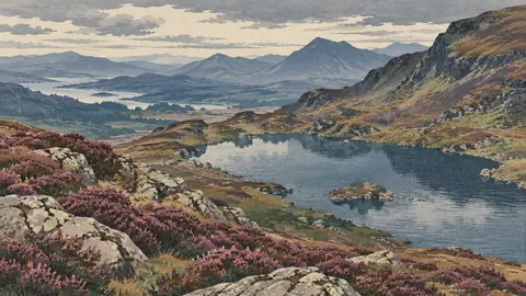 Highland tarn beneath heather slopes – japanese-inspired woodblock print Frame TV art